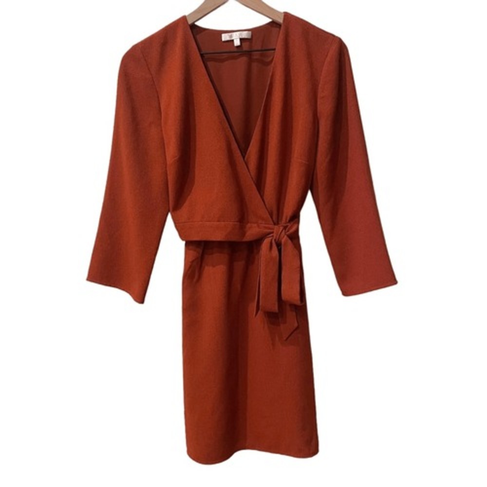 WAYF Burnt Orange Mini‎ Wrap Dress Size Small Boho Chic, V-Neck, Long 3/4 Sleeve - Picture 2 of 10